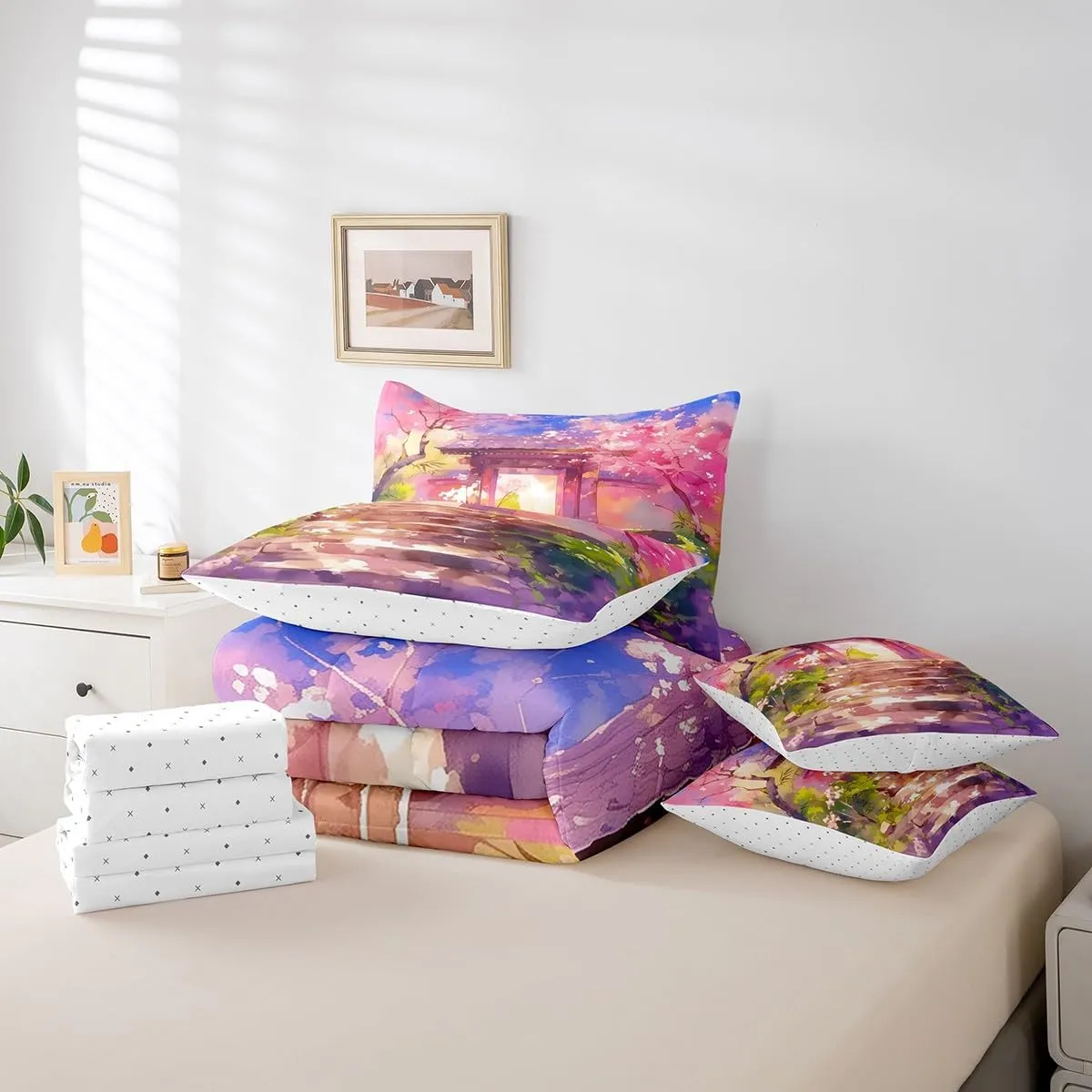 Erosebridal Pink Cherry Blossom Queen Comforter Set with Sheets,Japanese Style Bedding Set 7 Piece for Kids Adults,Tokyo Oriental Bed Set Aesthetic Flowers Bed in a Bag with Pillow Cases & Covers
