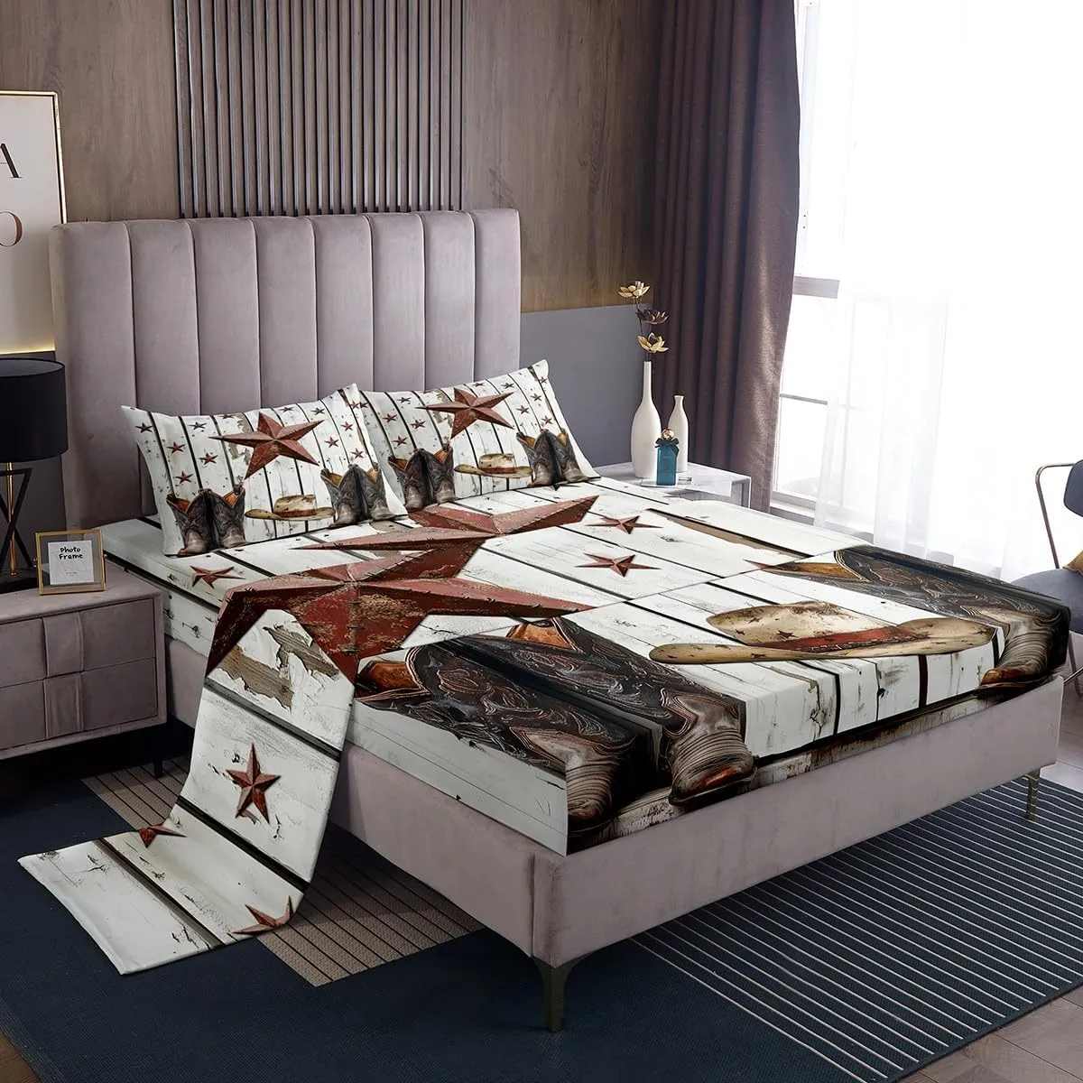 Erosebridal Western Texas Star Sheet Set, Rustic Farmhouse Top Fitted Sheet King Size, Retro Cowboy Horseshoe Bed Sheets for Kids Teens Adult Men Bedroom, Country Wooden Door Bedding Set