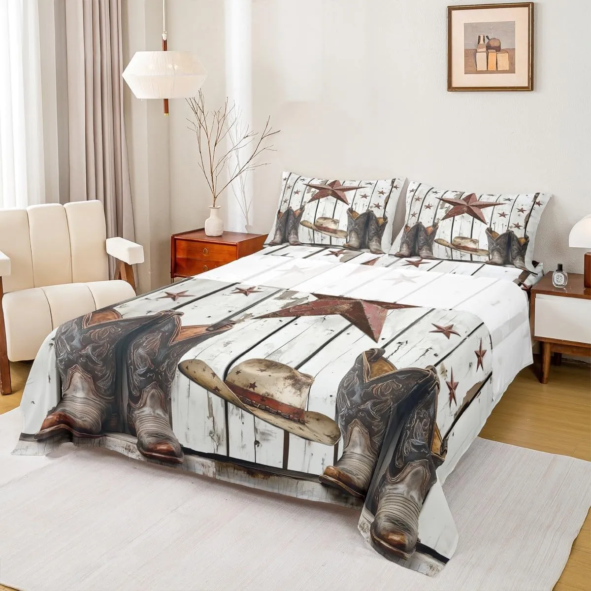 Erosebridal Western Texas Star Sheet Set, Rustic Farmhouse Top Fitted Sheet King Size, Retro Cowboy Horseshoe Bed Sheets for Kids Teens Adult Men Bedroom, Country Wooden Door Bedding Set