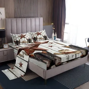 Erosebridal Western Texas Star Sheet Set, Rustic Farmhouse Top Fitted Sheet King Size, Retro Cowboy Horseshoe Bed Sheets for Kids Teens Adult Men Bedroom, Country Wooden Door Bedding Set