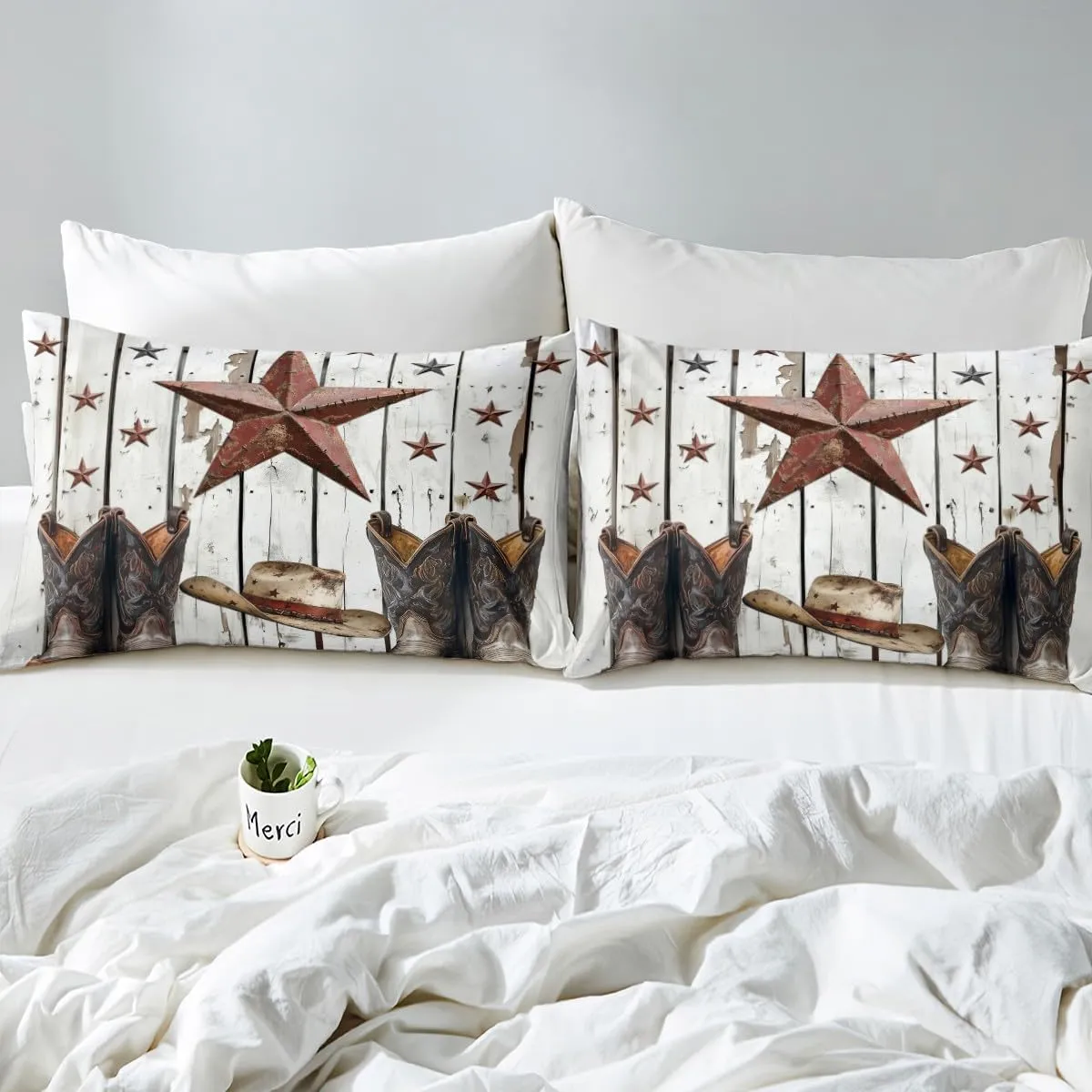 Erosebridal Western Texas Star Sheet Set, Rustic Farmhouse Top Fitted Sheet King Size, Retro Cowboy Horseshoe Bed Sheets for Kids Teens Adult Men Bedroom, Country Wooden Door Bedding Set