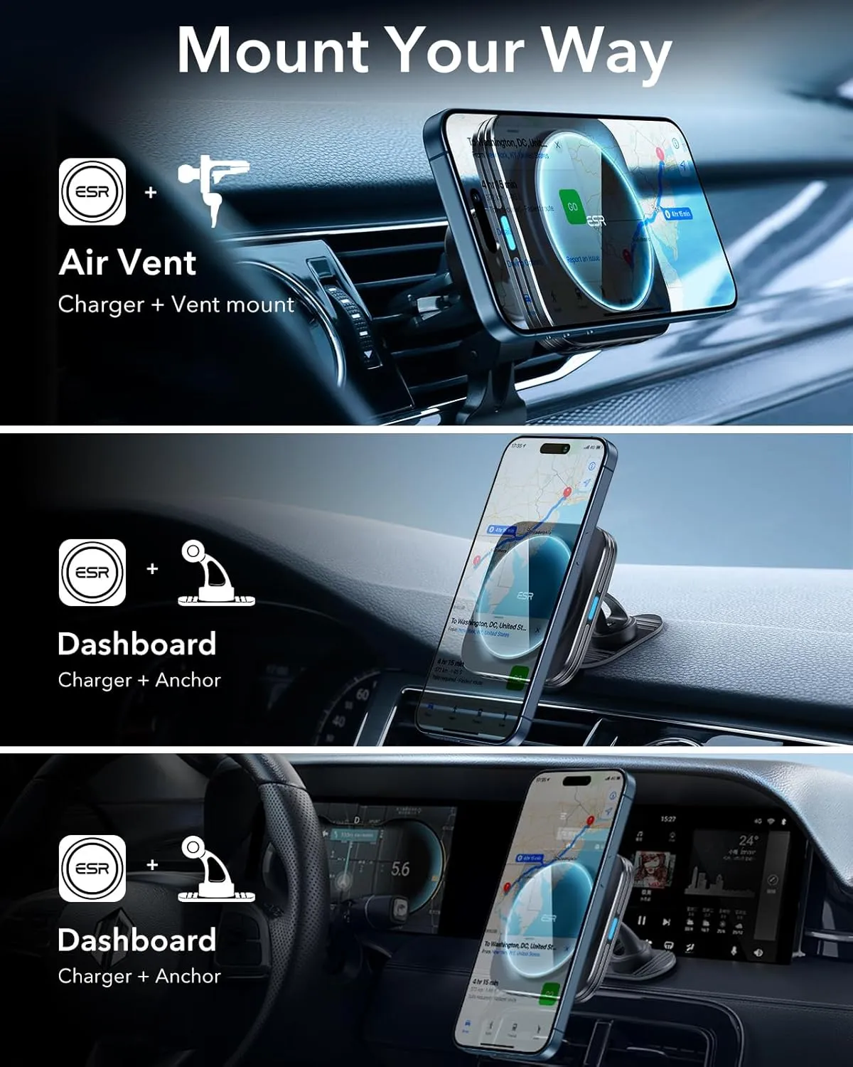 ESR for Qi2 15W MagSafe Car Mount Charger, Qi2-Certified MagSafe Car Charger, Air Vent/Dashboard Magnetic Wireless Phone Holder Mount for iPhone 16/15/14/13/12, Galaxy S25, Fast Charging, Black