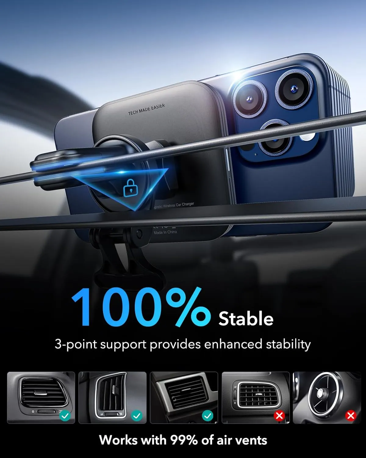 ESR for Qi2 15W MagSafe Car Mount Charger, Qi2-Certified MagSafe Car Charger, Air Vent/Dashboard Magnetic Wireless Phone Holder Mount for iPhone 16/15/14/13/12, Galaxy S25, Fast Charging, Black