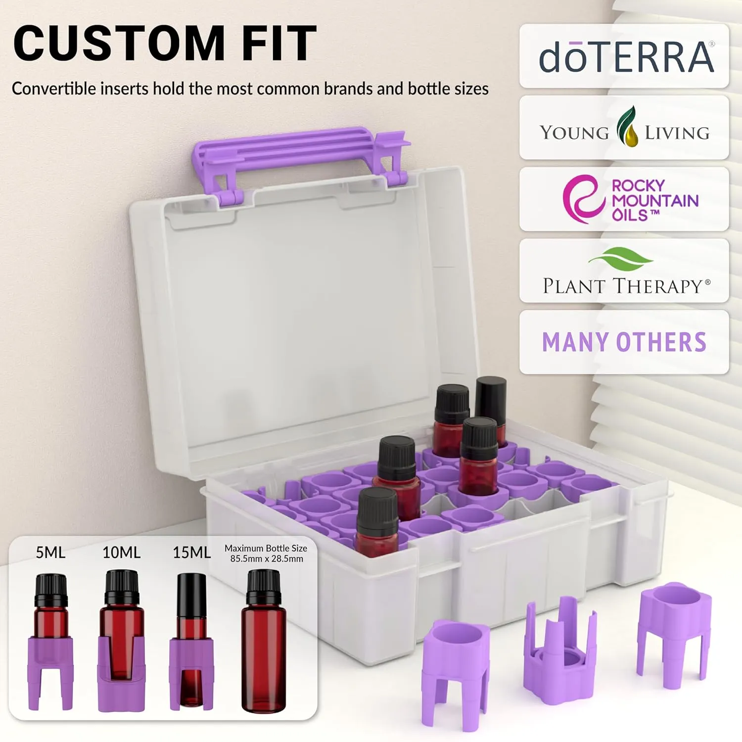Essential Oil Organizer for 35 Bottles, Hard Shell Storage Case with Shelf Display Lid & Travel Handle, Fits 5ml/10ml/15ml, Roller Bottles – doTERRA, Young Living, Lavender