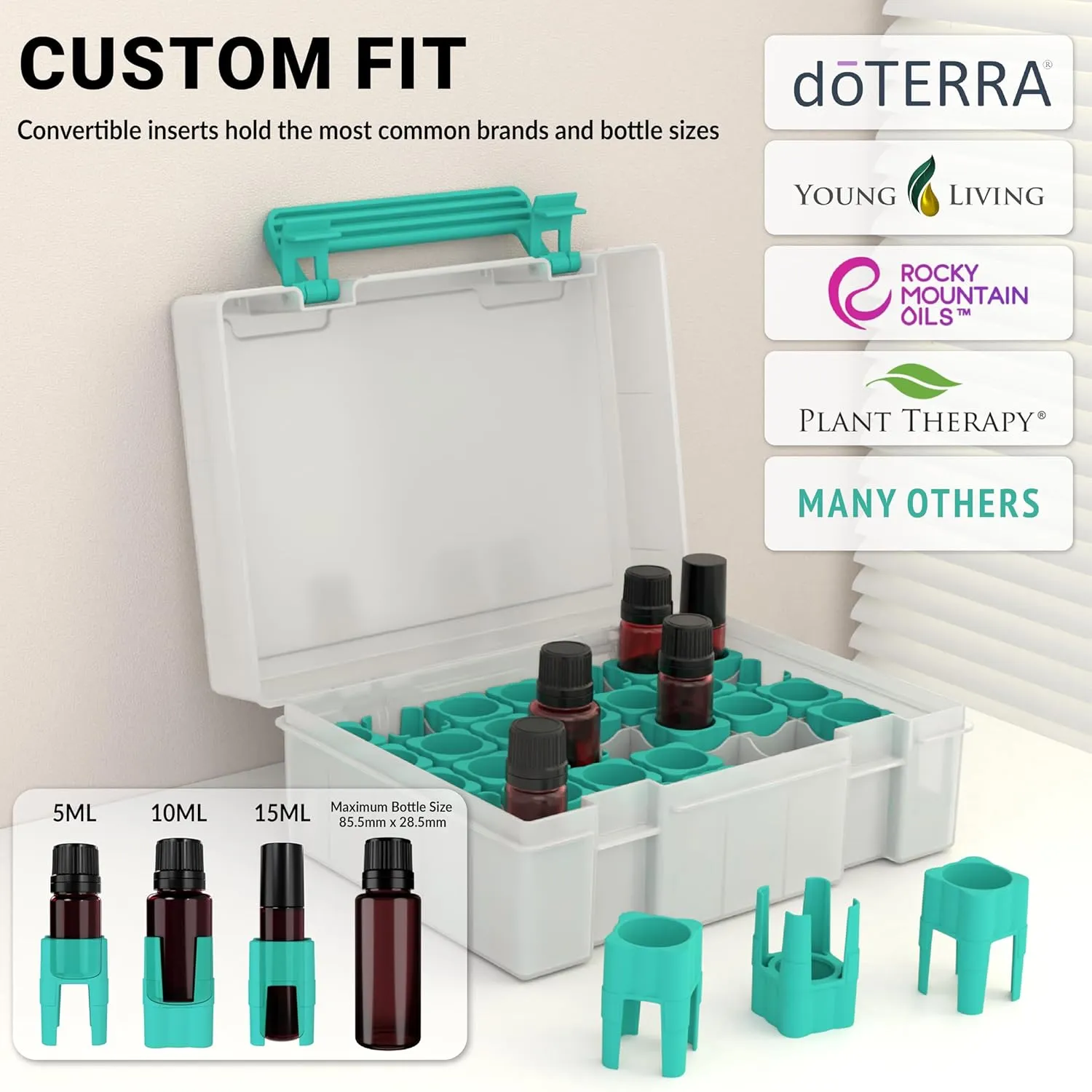 Essential Oil Organizer for 35 Bottles, Hard Shell Storage Case with Shelf Display Lid & Travel Handle, Fits 5ml/10ml/15ml, Roller Bottles – doTERRA, Young Living, Teal