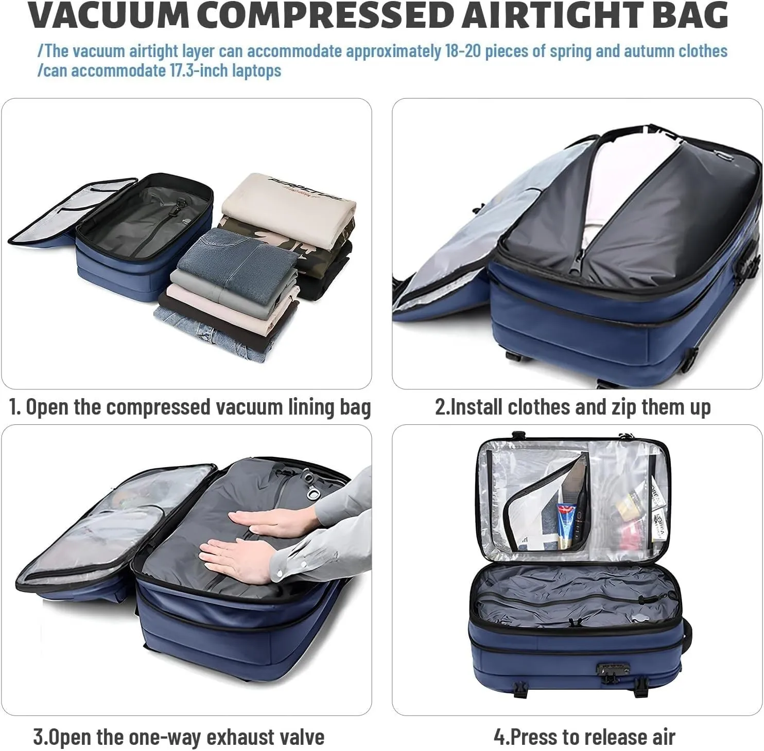 Expandable Backpack Vacuum With Pump,Air-Back Backpack With Vacuum Seal,Anti-Theft Vacuum Compression Travel Backpack,Carry On Backpack For Airplanes,Business Water Resistent Travel Backpack,