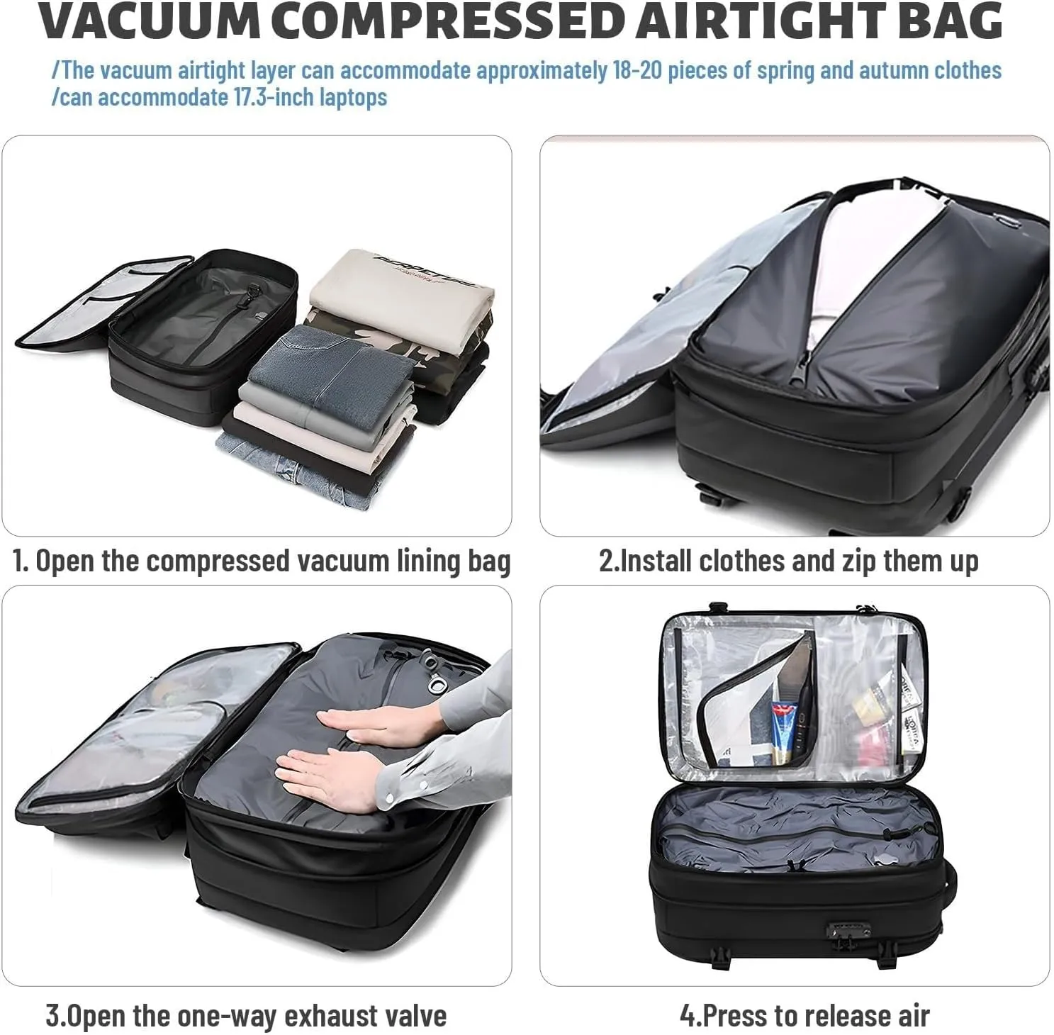 Expandable Backpack Vacuum With Pump,Air-Back Backpack With Vacuum Seal,Anti-Theft Vacuum Compression Travel Backpack,Carry On Backpack For Airplanes,Business Water Resistent Travel Backpack,