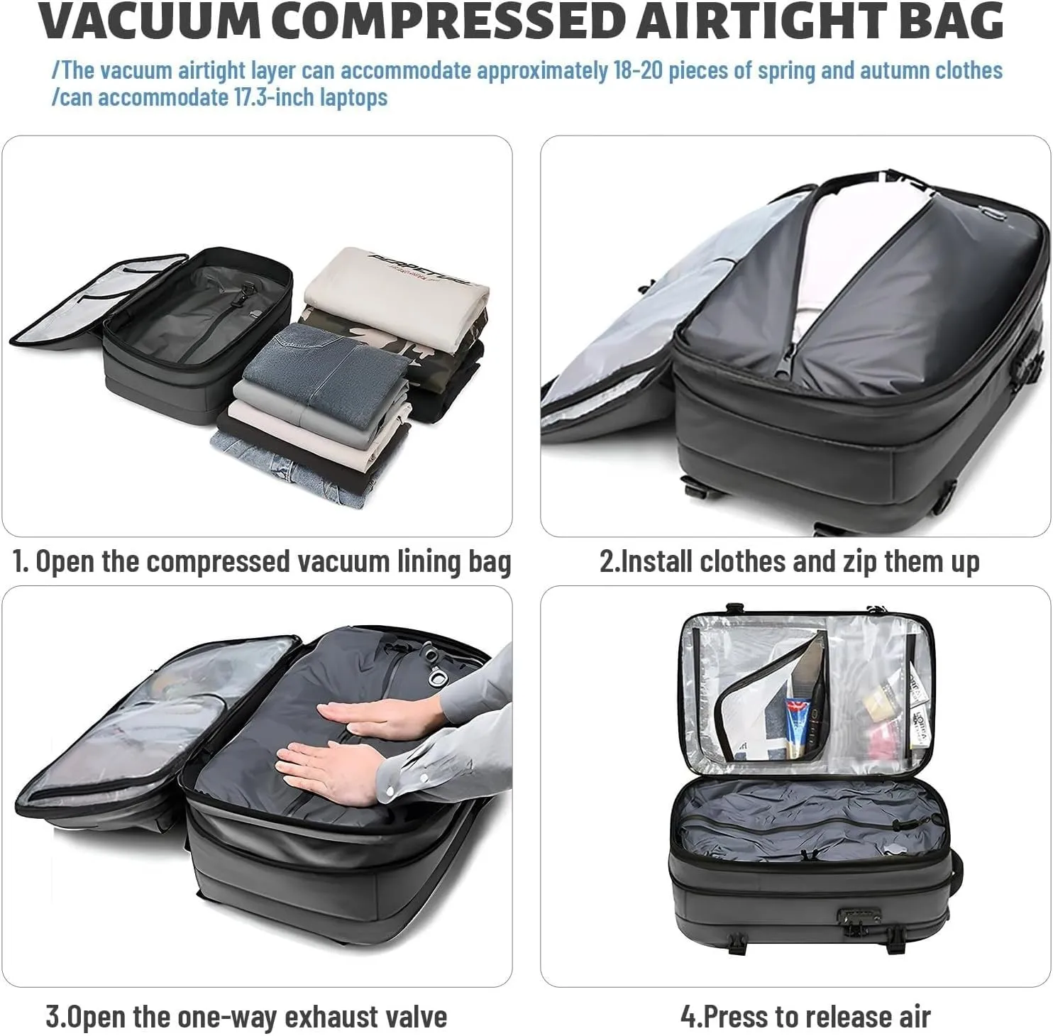Expandable Backpack Vacuum With Pump,Air-Back Backpack With Vacuum Seal,Anti-Theft Vacuum Compression Travel Backpack,Carry On Backpack For Airplanes,Business Water Resistent Travel Backpack,
