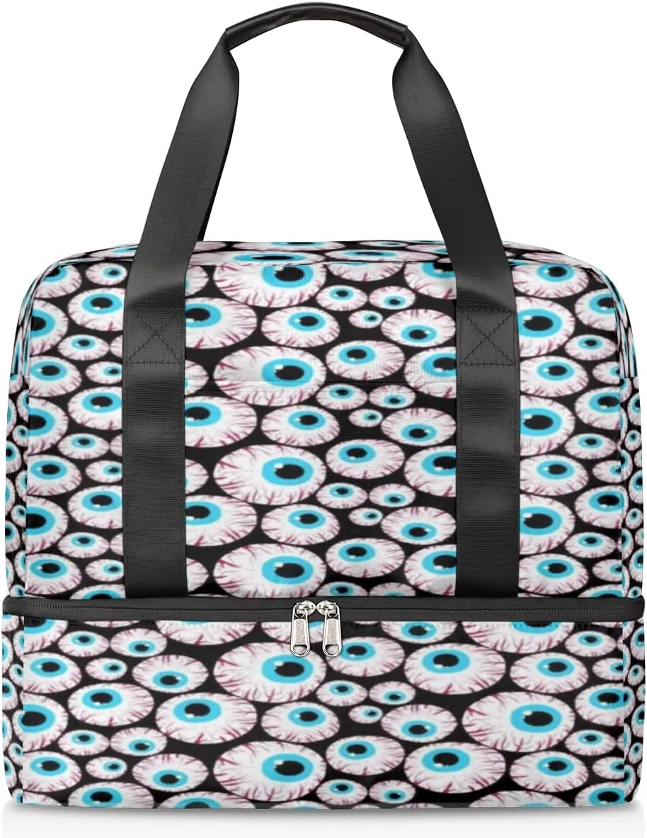 Eyeballs Horror Travel Bag Double Tier Zip Closure Weekender Bag with Leather Handle Waterproof Sports Tote Gym Bag for Swim Beach Gym Yoga
