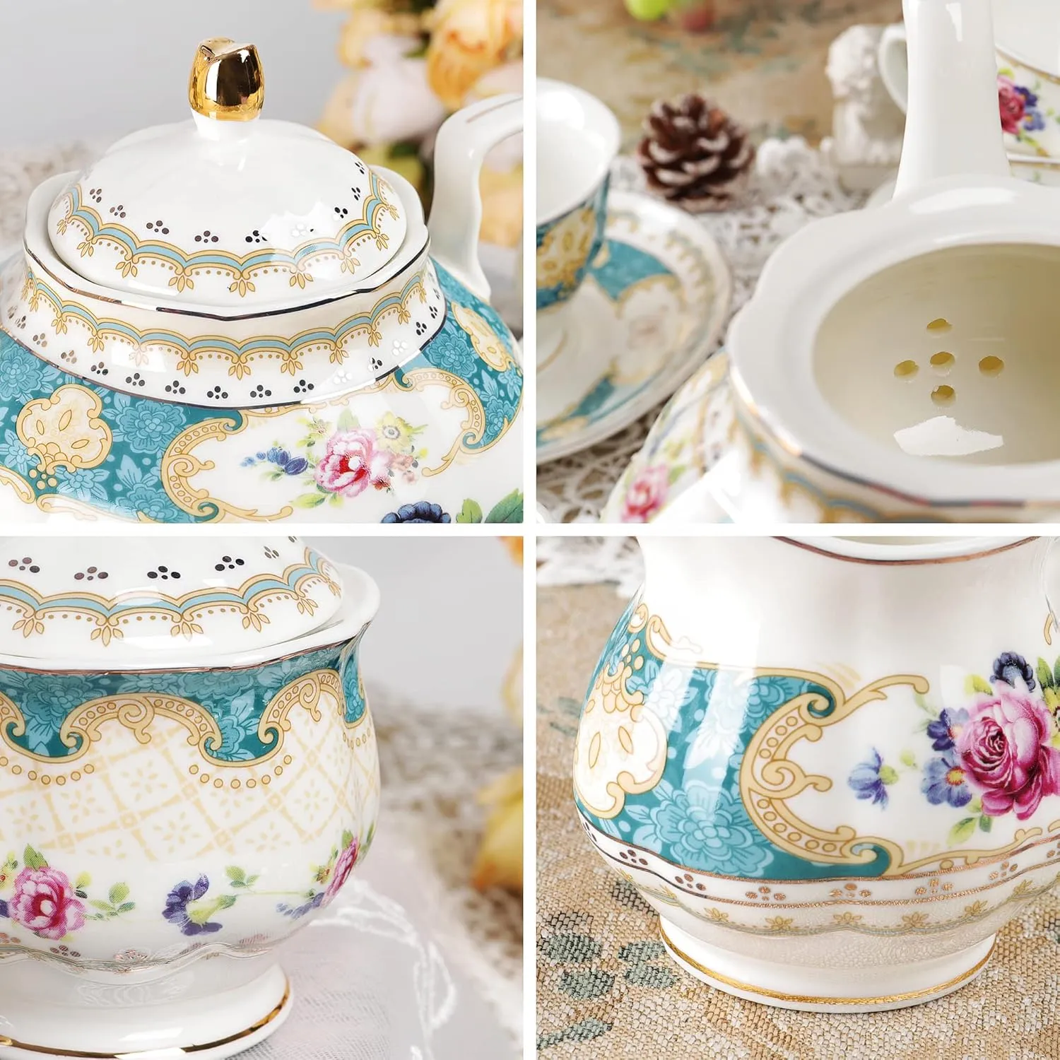 fanquare 21 Piece European Porcelain Tea Set, Teal Cups and Saucers Service for 6, Blue Tea Gift Set for Adults