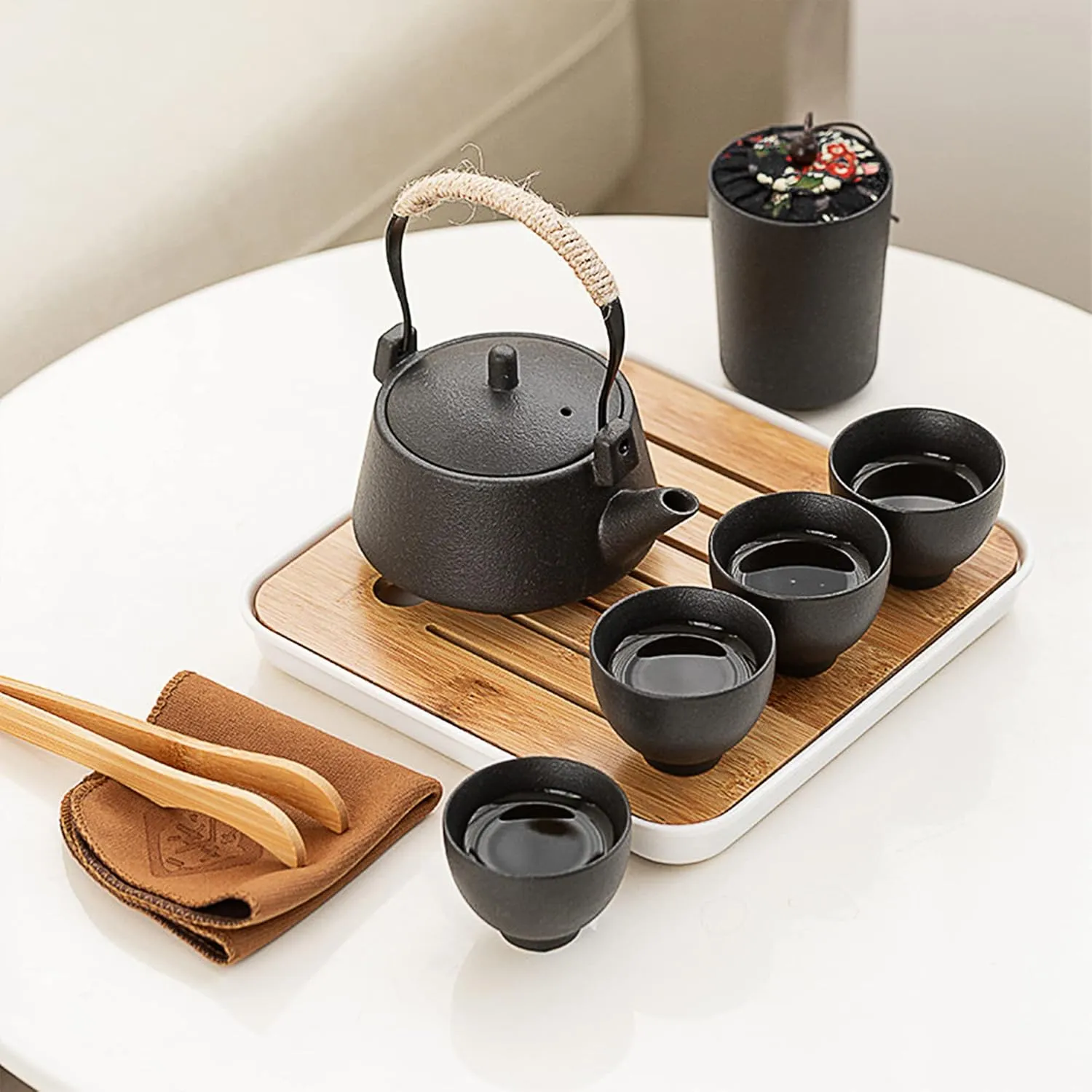 fanquare Chinese Black Ceramic Kungfu Tea Set, Japanese Portable Tea Set with Tray, Travel Tea Set with Teapot