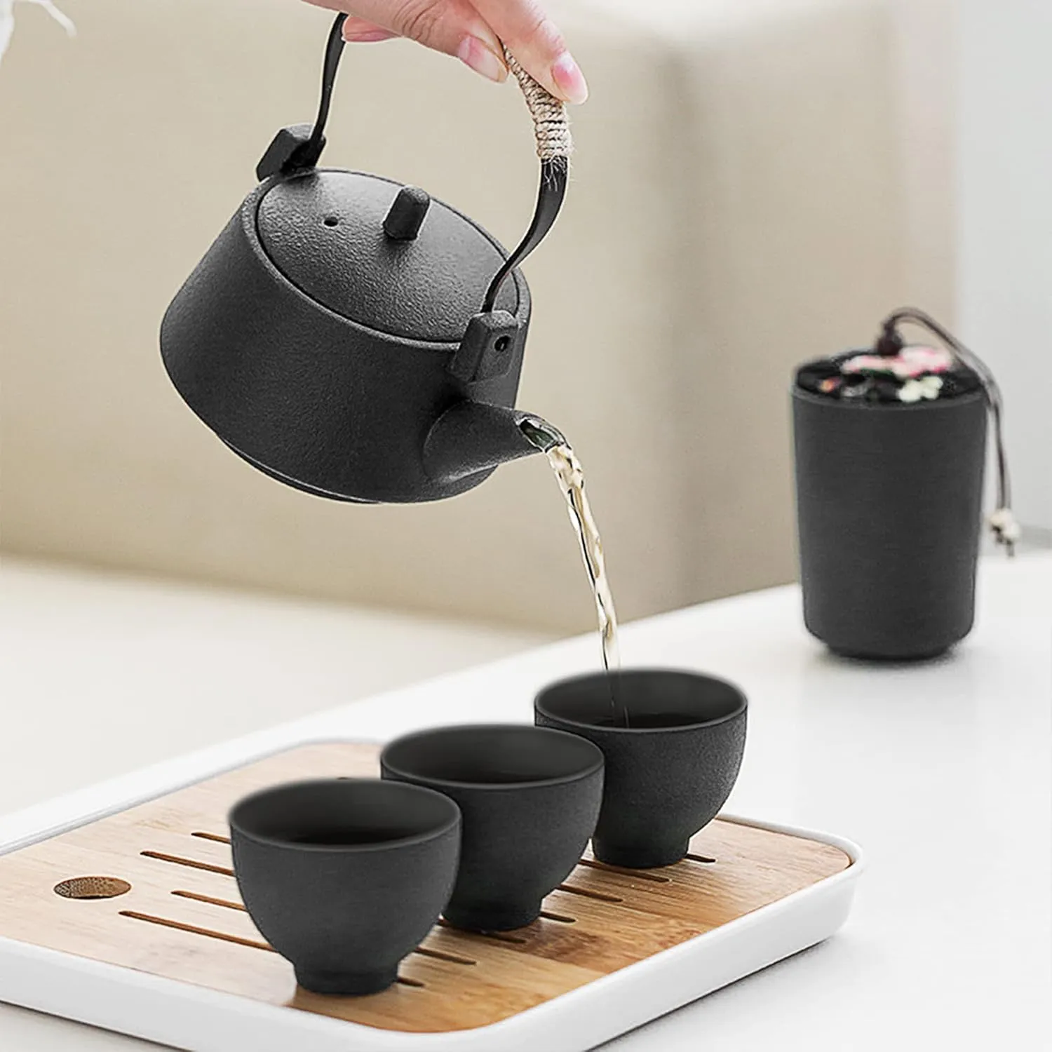 fanquare Chinese Black Ceramic Kungfu Tea Set, Japanese Portable Tea Set with Tray, Travel Tea Set with Teapot
