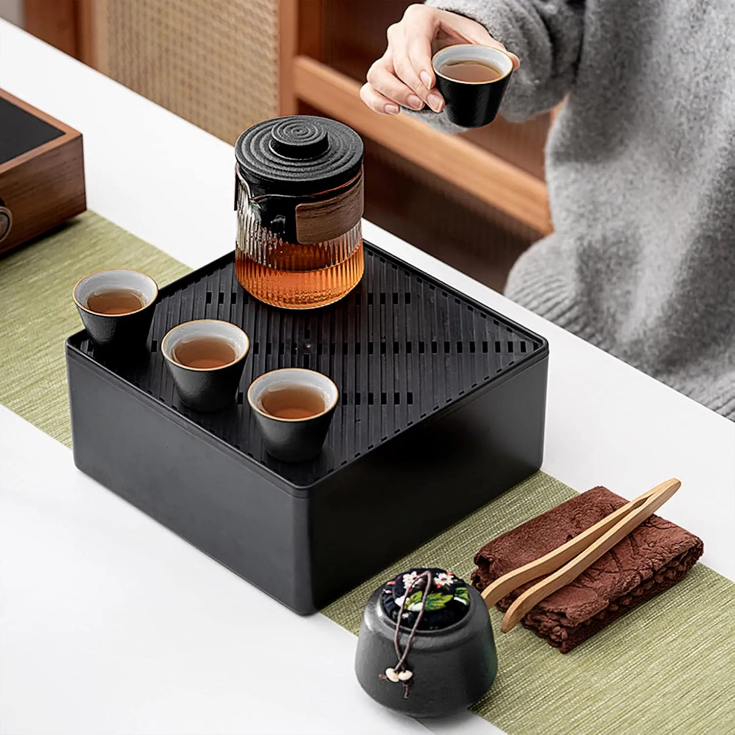 fanquare Chinese Black Kungfu Tea Set, Japanese Portable Tea Set with Tray, Ceramic Travel Tea Set, Gift Tea Set for Adults