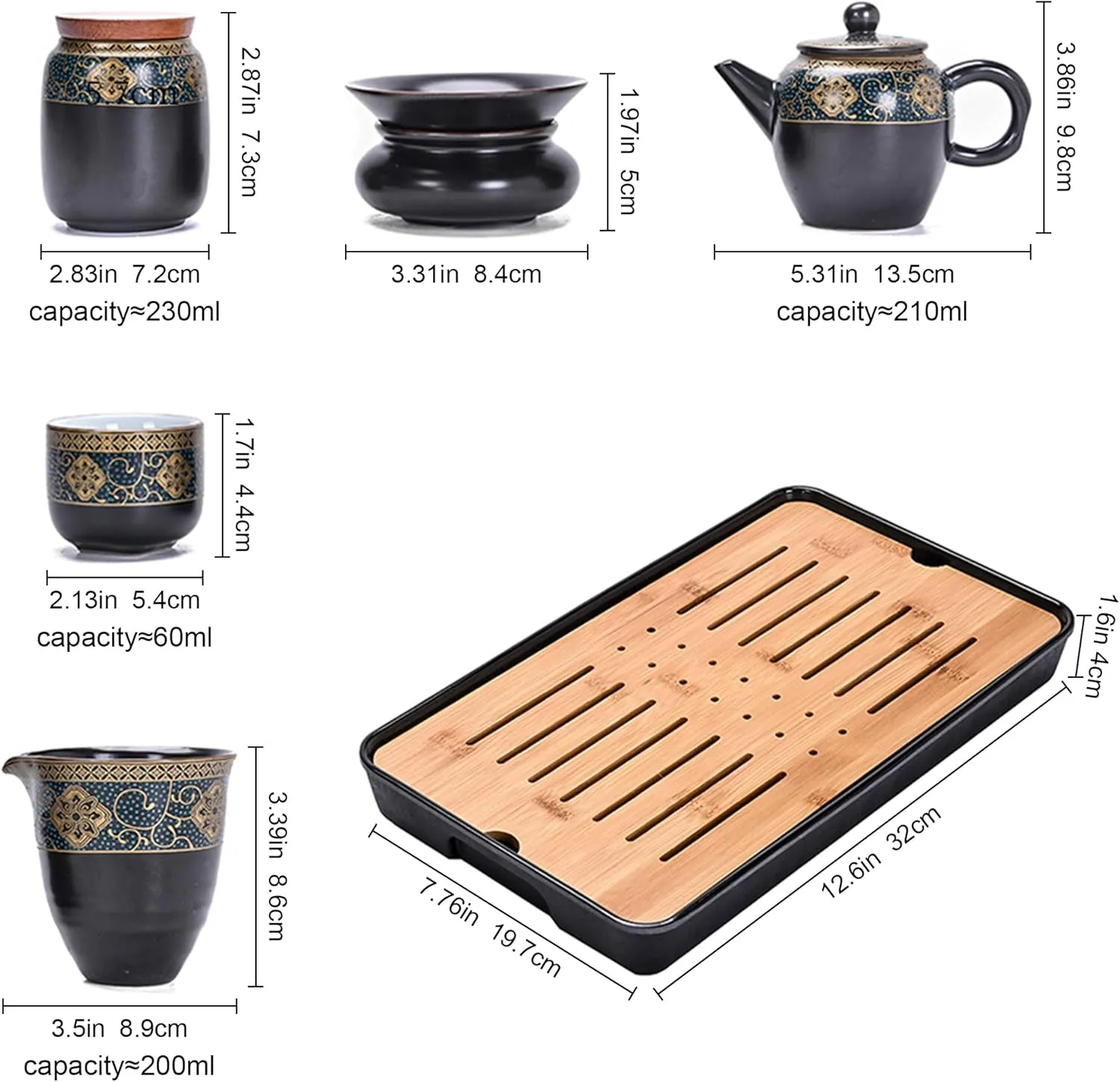 fanquare Chinese Gold Ceramic Kungfu Tea Set, Japanese Travel Tea Set with Tray, Portable Bag, Black Teapot, Tea Strainer