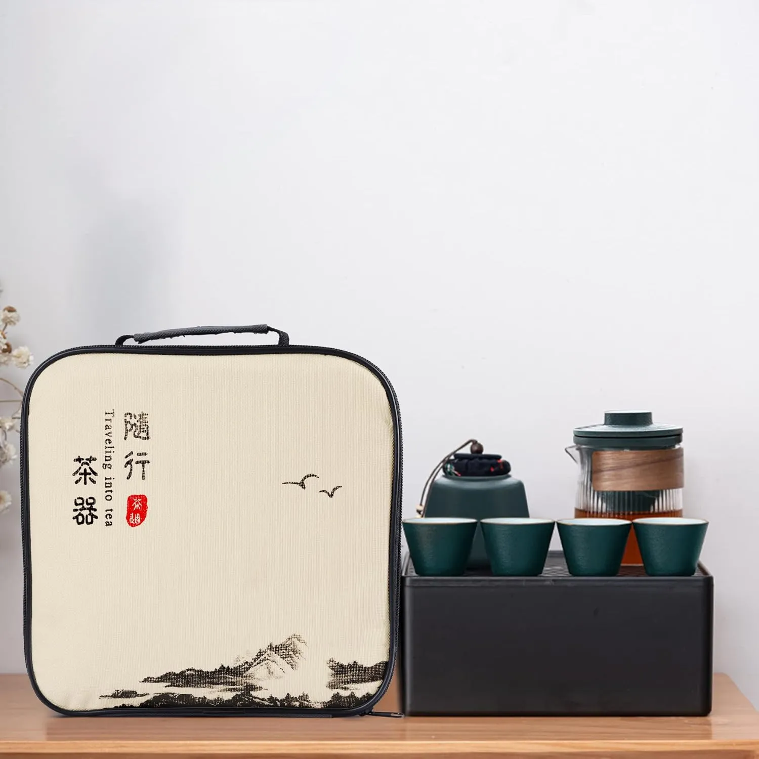 fanquare Chinese Green Ceramic Kungfu Tea Set, Japanese Travel Tea Set with Tray, Portable Bag, Glass Teapot with Tea cups