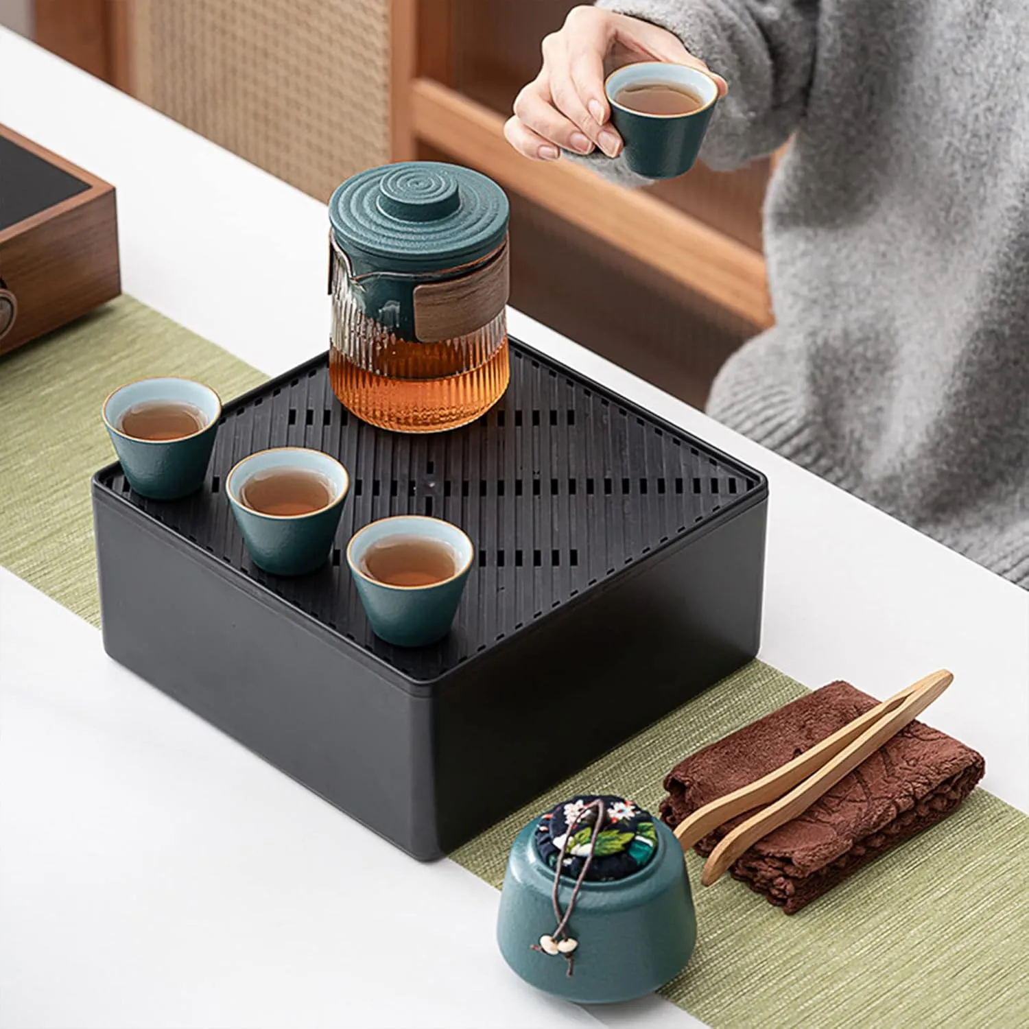 fanquare Chinese Green Ceramic Kungfu Tea Set, Japanese Travel Tea Set with Tray, Portable Bag, Glass Teapot with Tea cups