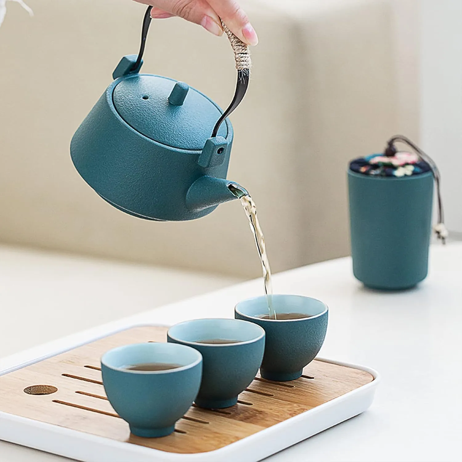 fanquare Japanese Green Kungfu Tea Set, Chinese Portable Tea Set with Tray, Porcelain Gift Tea Set for Adults, Travel Tea Set