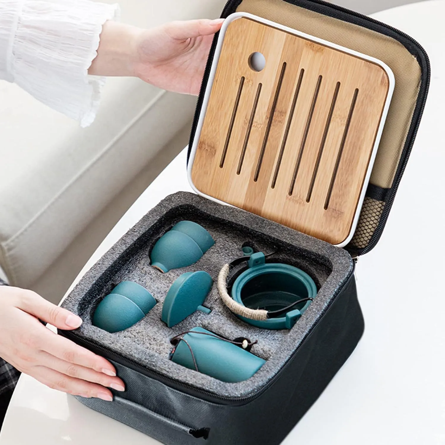 fanquare Japanese Green Kungfu Tea Set, Chinese Portable Tea Set with Tray, Porcelain Gift Tea Set for Adults, Travel Tea Set