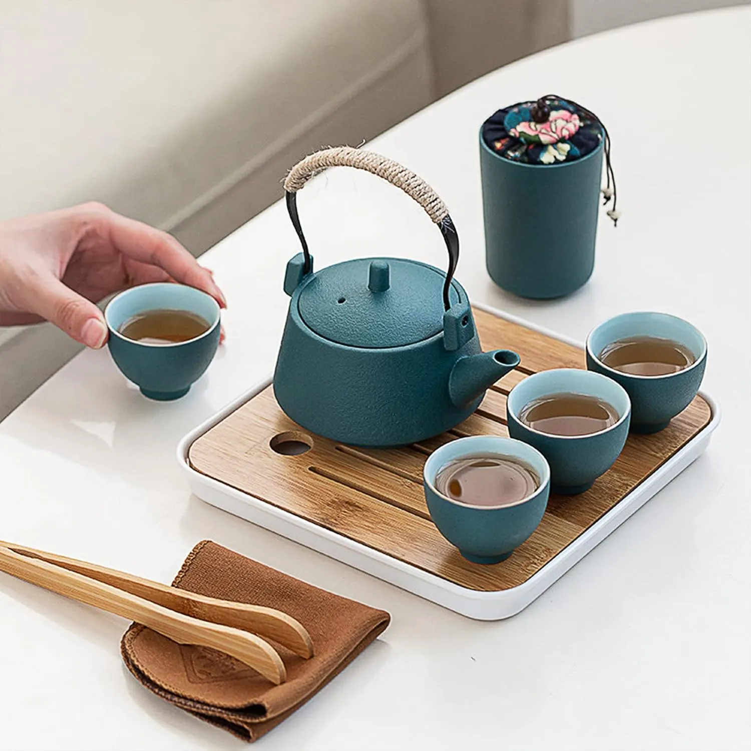 fanquare Japanese Green Kungfu Tea Set, Chinese Portable Tea Set with Tray, Porcelain Gift Tea Set for Adults, Travel Tea Set