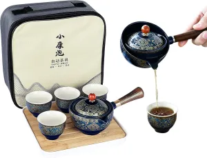fanquare Porcelain Portable Travel Tea Set, Gold Flower Pattern, 4 Cups, Teapot and Bamboo Tea Tray with Travel Bag, Dark Green
