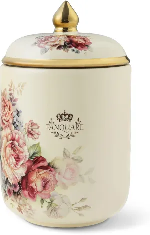 fanquare Porcelain Tea Canister, Normal Size Ceramic Jar, Vintage Gold Floral Countertop Container for Sugar, Tea, Coffee