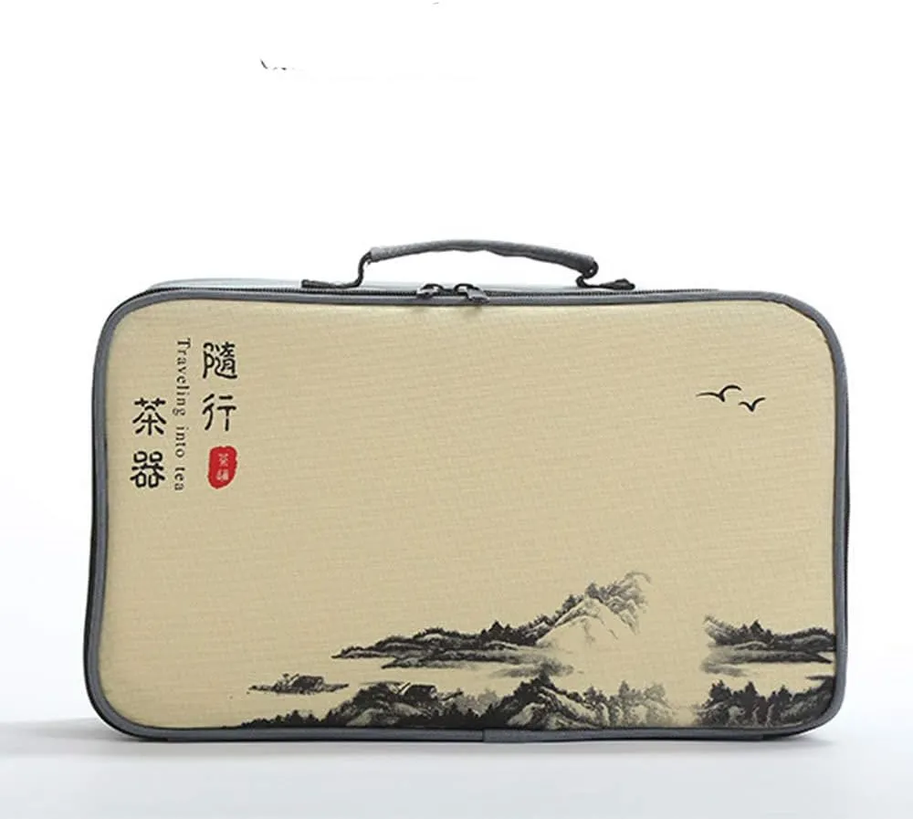 fanquare Portable Travel Tea Set, Handmade Kungfu Teapot, Porcelain Teacups, Bamboo Tea Tray with Travel Bag, Black