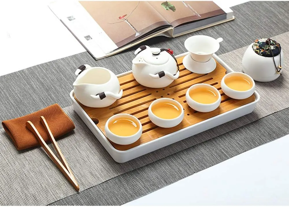 fanquare Portable Travel Tea Set, Handmade Kungfu Teapot, Porcelain Teacups, Bamboo Tea Tray with Travel Bag, White