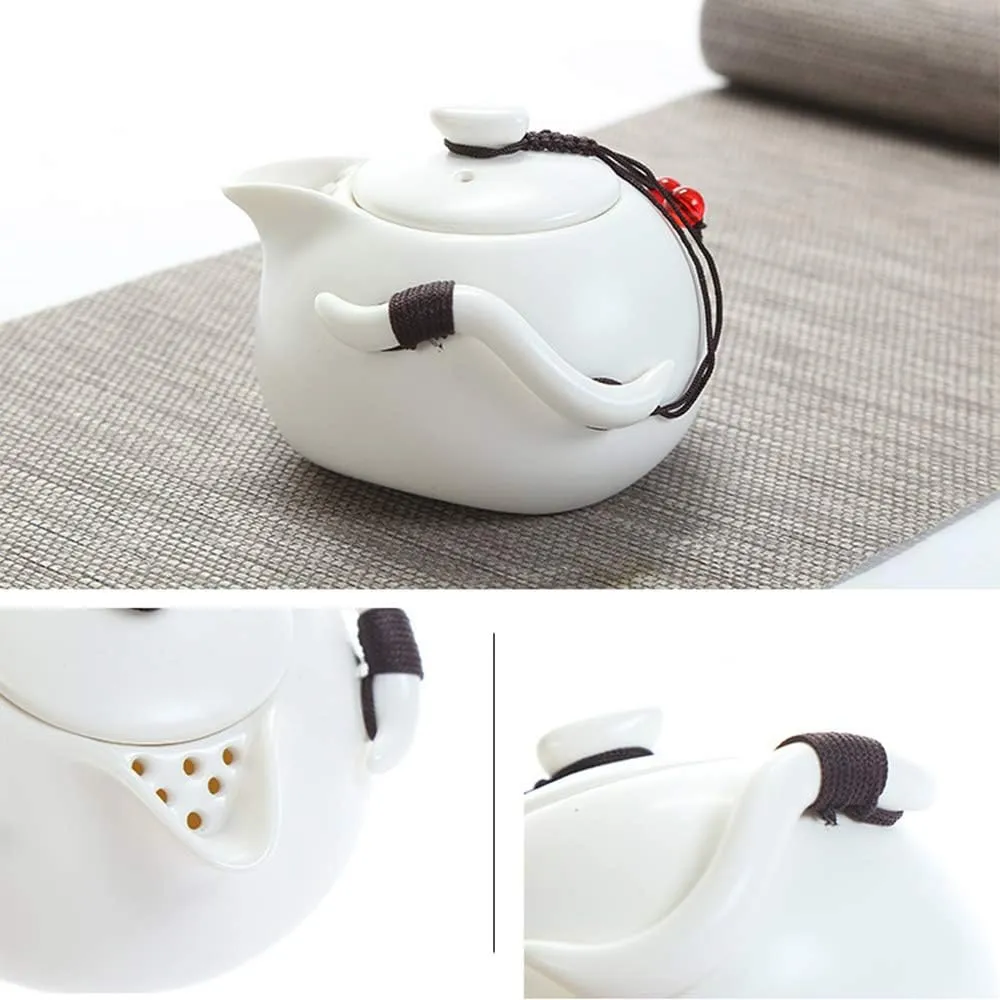 fanquare Portable Travel Tea Set, Handmade Kungfu Teapot, Porcelain Teacups, Bamboo Tea Tray with Travel Bag, White