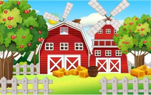 Farm Red Barn Backdrop Windmill Apple Tress Haystack Farmhouse Photography Background Farm Animals Theme Backdrop Decors Farm Barn Meadow Harvest Theme Party Cake Table Background Props 7x5ft