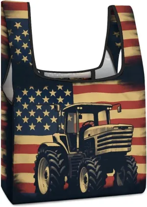 Farm Tractor U.S. Flag Novelty Reusable Grocery Bag Fold-able Shopping Bags Washable Tote Lightweight Storage Pouch with Handle