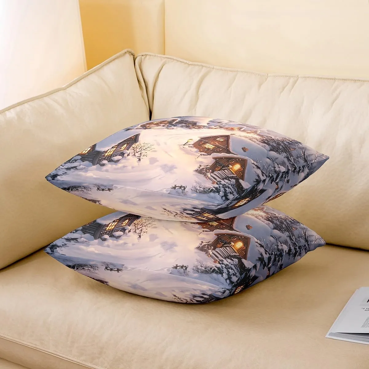 Farmhouse Throw Pillow Covers Winter Theme Christmas Rustic Style Cushion Cases for Kids Teens Adults Retro Wood Cabin Jungle Pine Tree Cushion Covers for Housewarming 18x18 Inch Set of 2