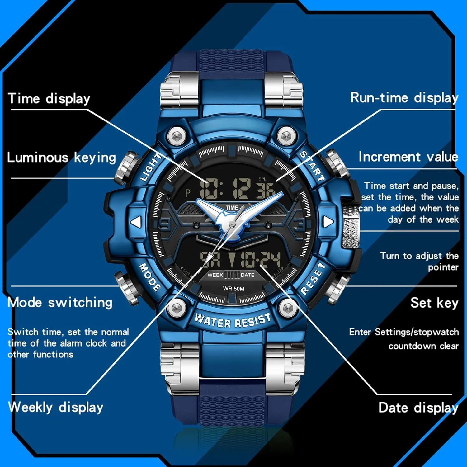 findtime Cool Designer Mens Watches Blue Large Face Mascul Relojes para Hombres Unique Electronics Sports Military Bolder Running Heavy Duty Watch