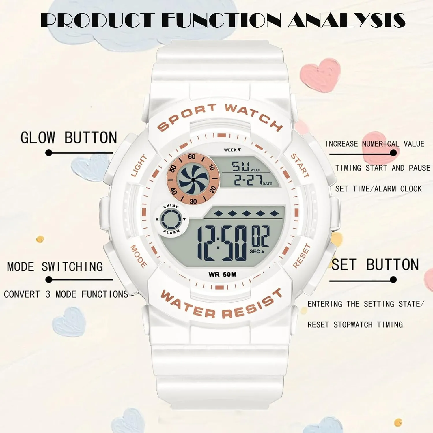 findtime Digital Watch Womens Sport Waterproof White Wrist Watches for Women with Alarm Stopwatch Hourly Chime LED Display 12H/24H Calendar