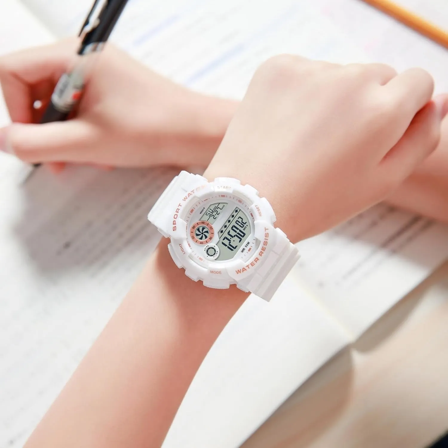 findtime Digital Watch Womens Sport Waterproof White Wrist Watches for Women with Alarm Stopwatch Hourly Chime LED Display 12H/24H Calendar