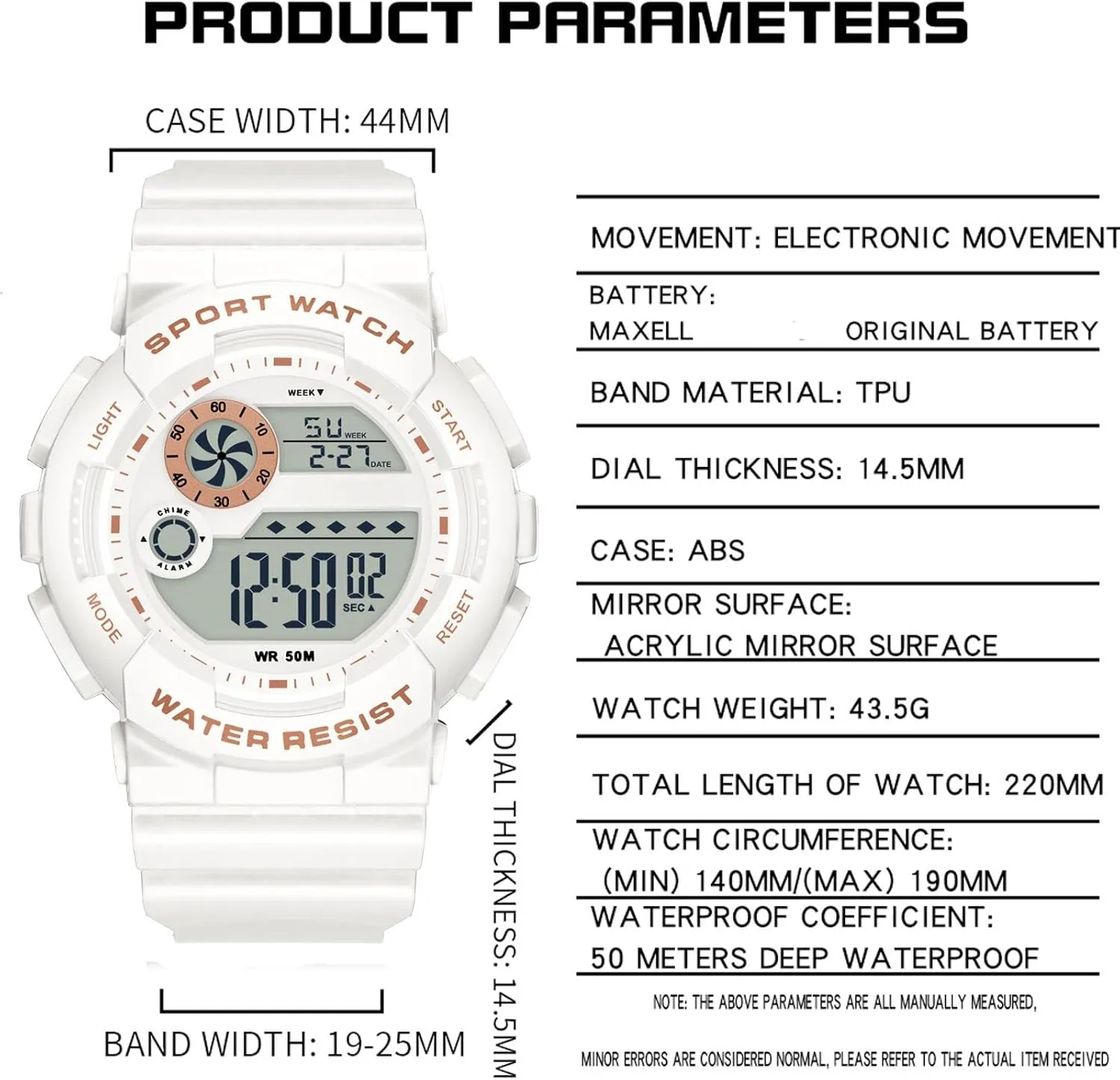 findtime Digital Watch Womens Sport Waterproof White Wrist Watches for Women with Alarm Stopwatch Hourly Chime LED Display 12H/24H Calendar