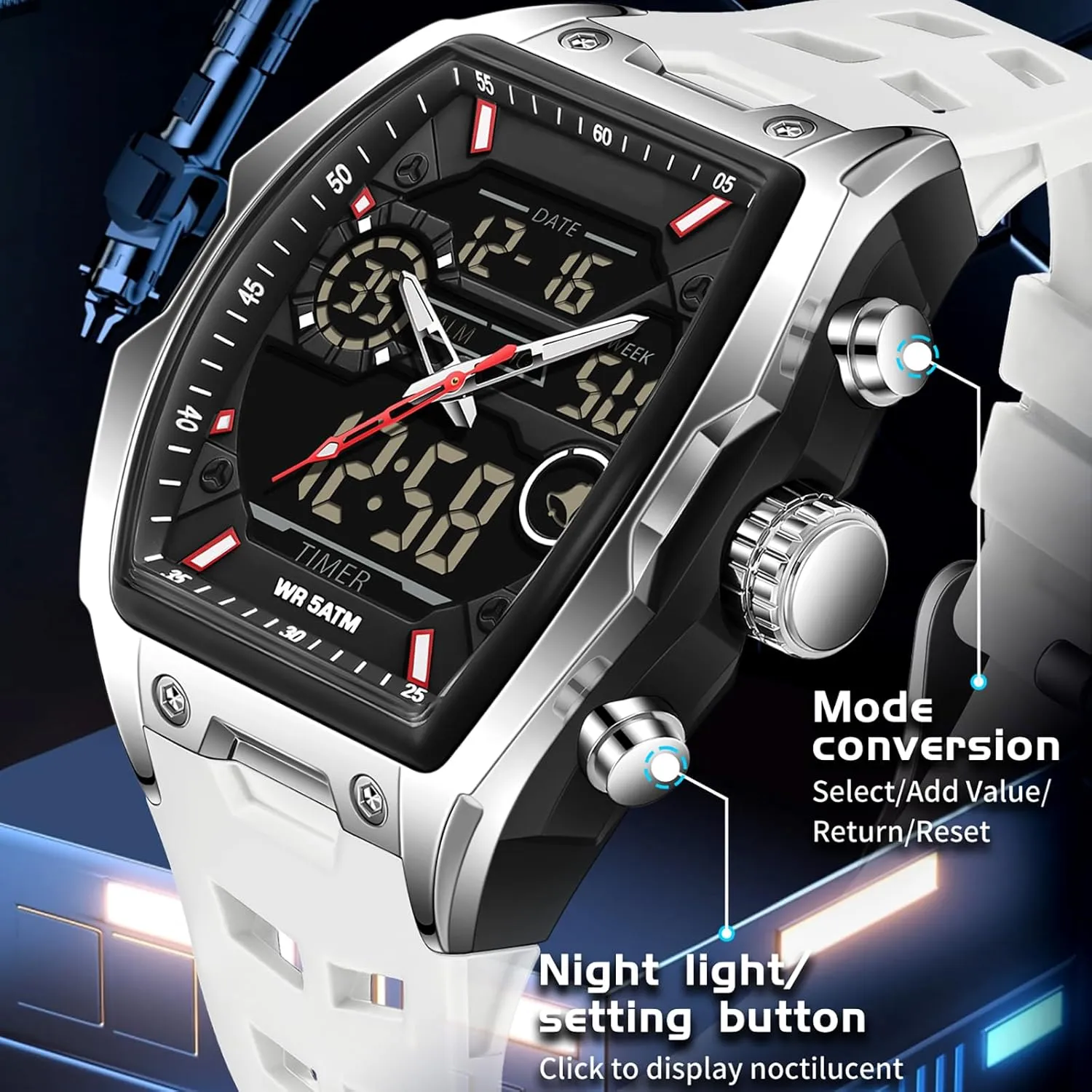 findtime Men's Watch Rectangular Wrist Watches for Men Luminous Countdown Alarm Waterproof Sport Analog Digital Large Dial White Silicon Strap
