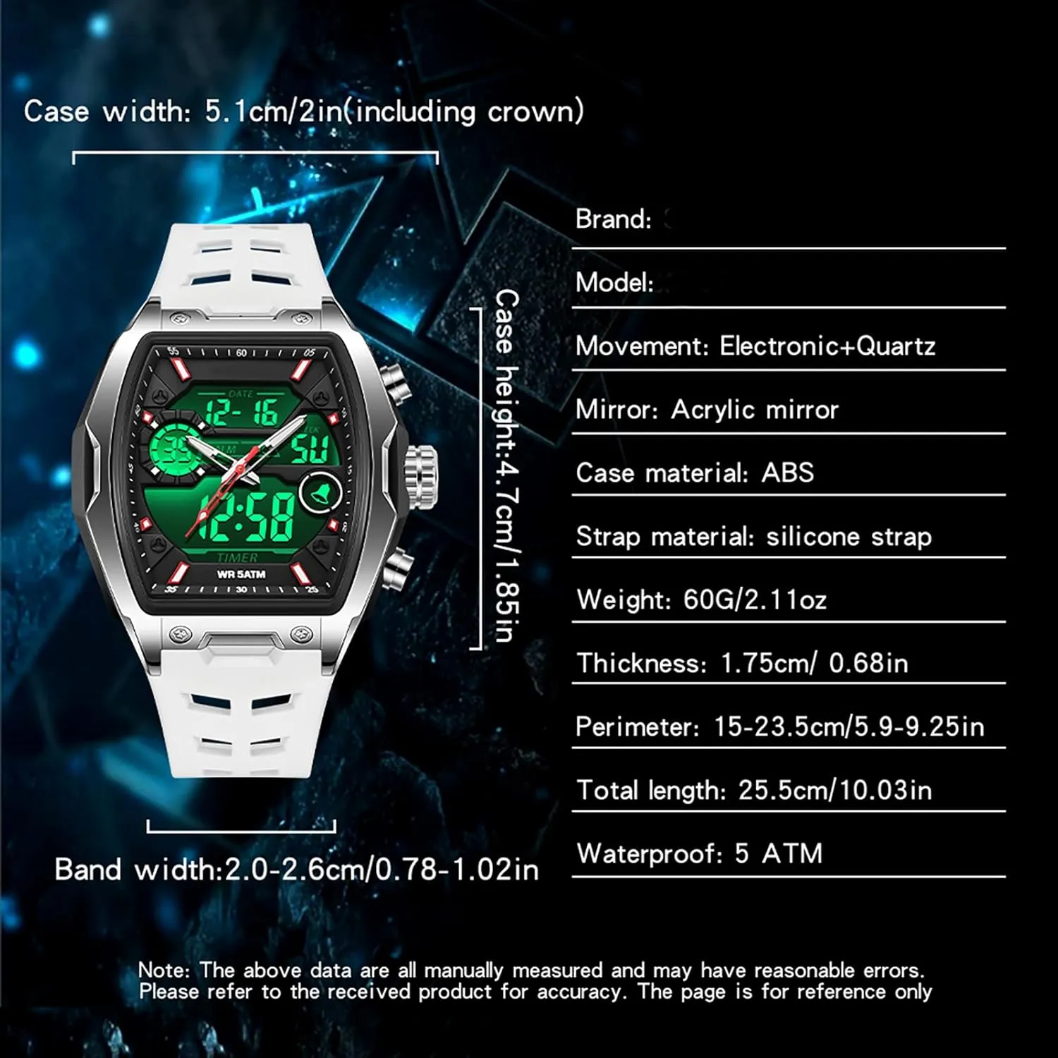 findtime Men's Watch Rectangular Wrist Watches for Men Luminous Countdown Alarm Waterproof Sport Analog Digital Large Dial White Silicon Strap