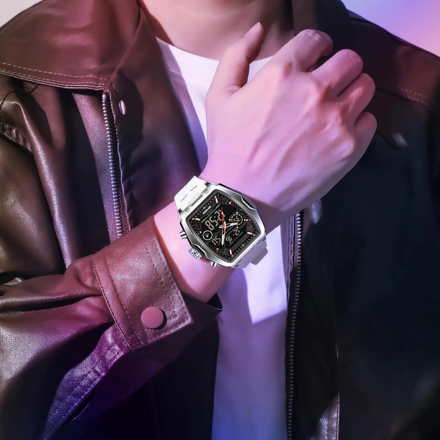 findtime Men's Watch Rectangular Wrist Watches for Men Luminous Countdown Alarm Waterproof Sport Analog Digital Large Dial White Silicon Strap