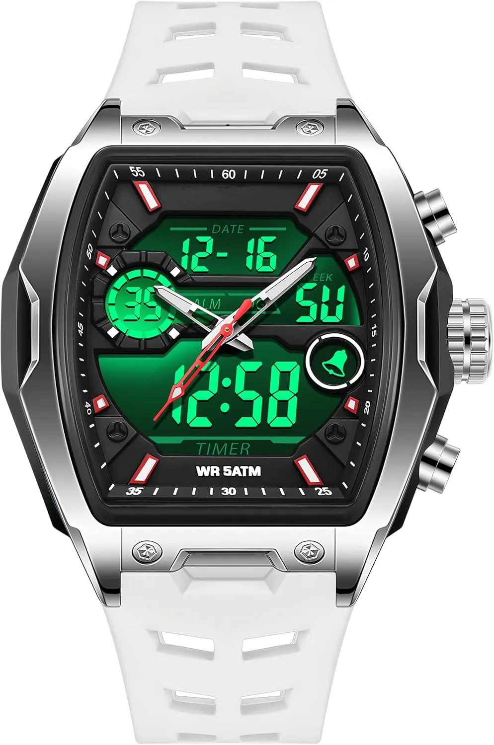 findtime Men's Watch Rectangular Wrist Watches for Men Luminous Countdown Alarm Waterproof Sport Analog Digital Large Dial White Silicon Strap