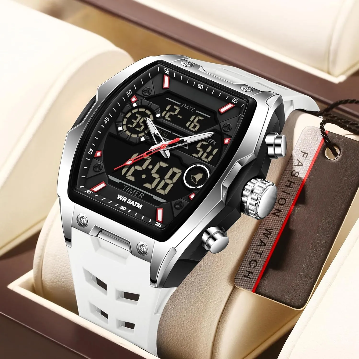 findtime Men's Watch Rectangular Wrist Watches for Men Luminous Countdown Alarm Waterproof Sport Analog Digital Large Dial White Silicon Strap