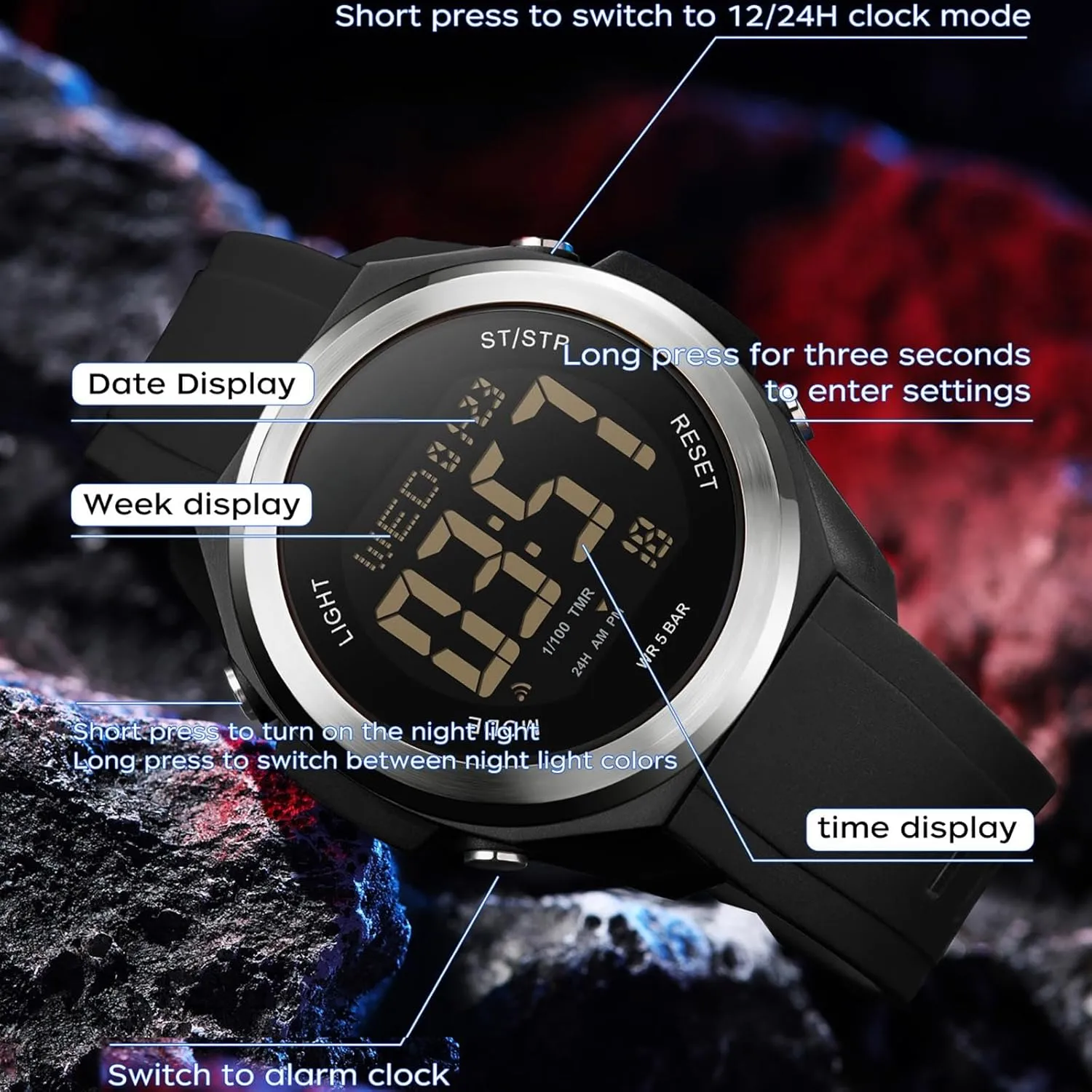 findtime Watches for Women Digital LED Back Light Watch Women with Dual Time Zone Display Countdown Alarm Stopwatch Ultra-Thin Colorful Wristwatch