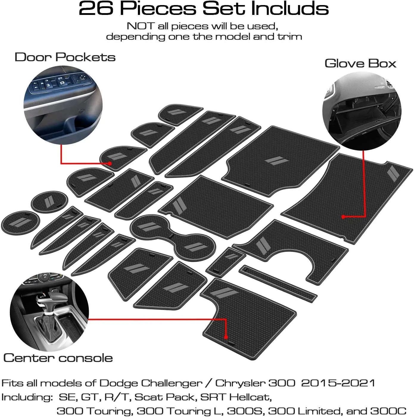 Fits Dodge Charger Accessories 2015-2023, Cup Holder Insert Center Console Shifter Liner Trim Interior Door Pocket Mats Pad (26pcs Set, Gray Trim)