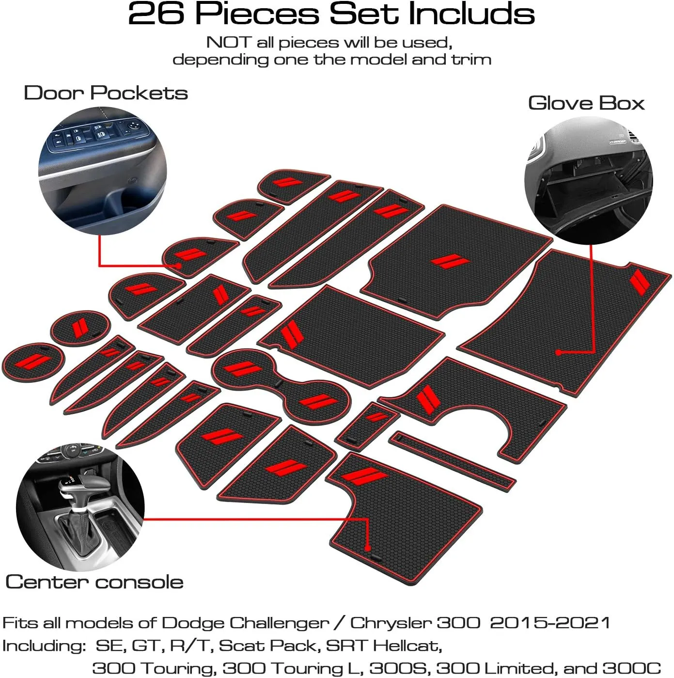 Fits Dodge Charger Accessories 2015-2023, Cup Holder Insert Center Console Shifter Liner Trim Interior Door Pocket Mats Pad (26pcs Set, Red Trim)