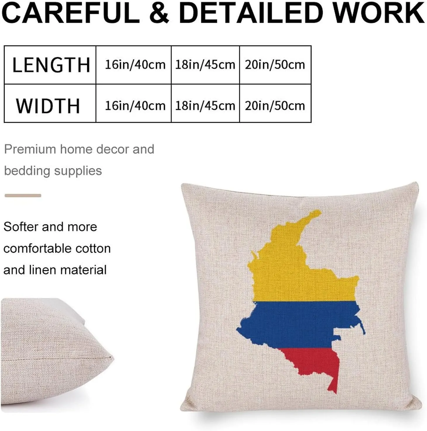 Flag Map of Colombia Cotton and Linen Pillow Case Pattern Print Pillow Cover Zippered Cushion Covers for Sofa Bed 16"x16"