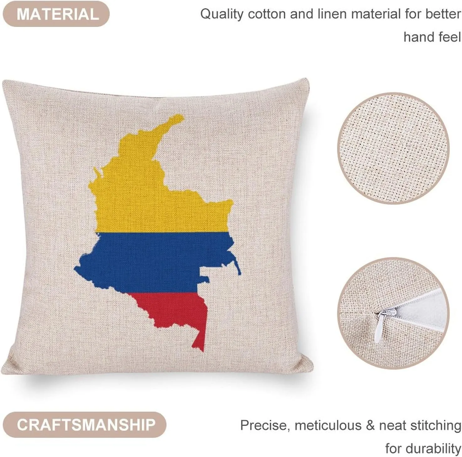 Flag Map of Colombia Cotton and Linen Pillow Case Pattern Print Pillow Cover Zippered Cushion Covers for Sofa Bed 16"x16"