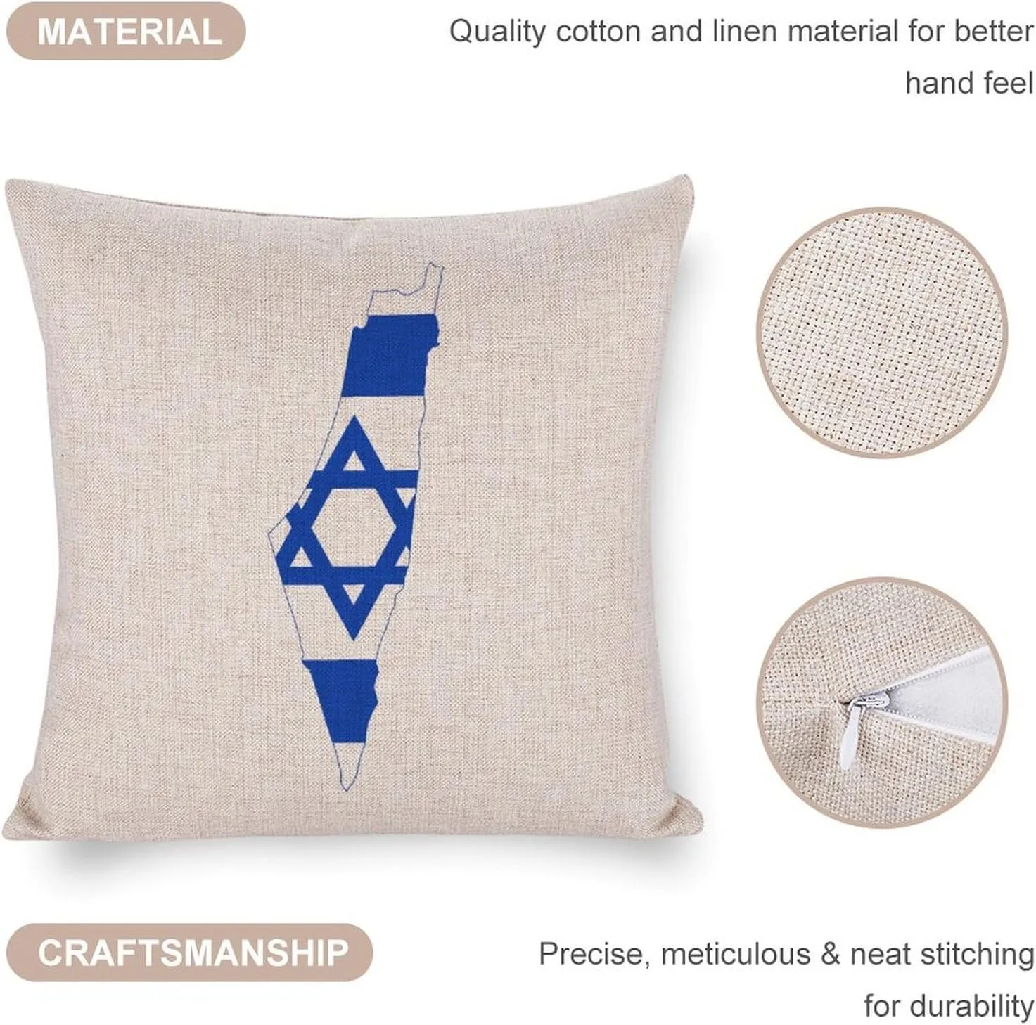 Flag Map of Israel Cotton and Linen Pillow Case Pattern Print Pillow Cover Zippered Cushion Covers for Sofa Bed 20"x20"