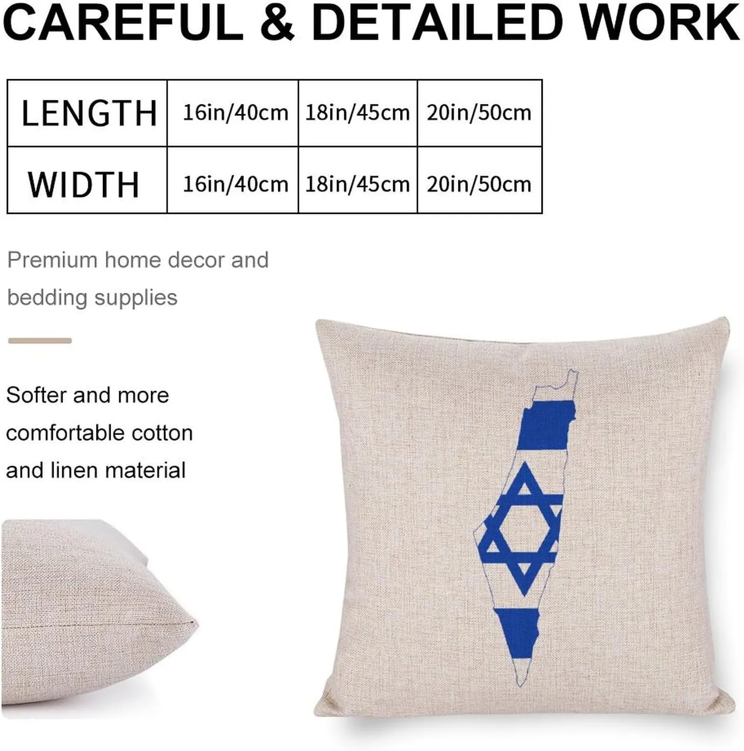 Flag Map of Israel Cotton and Linen Pillow Case Pattern Print Pillow Cover Zippered Cushion Covers for Sofa Bed 20"x20"