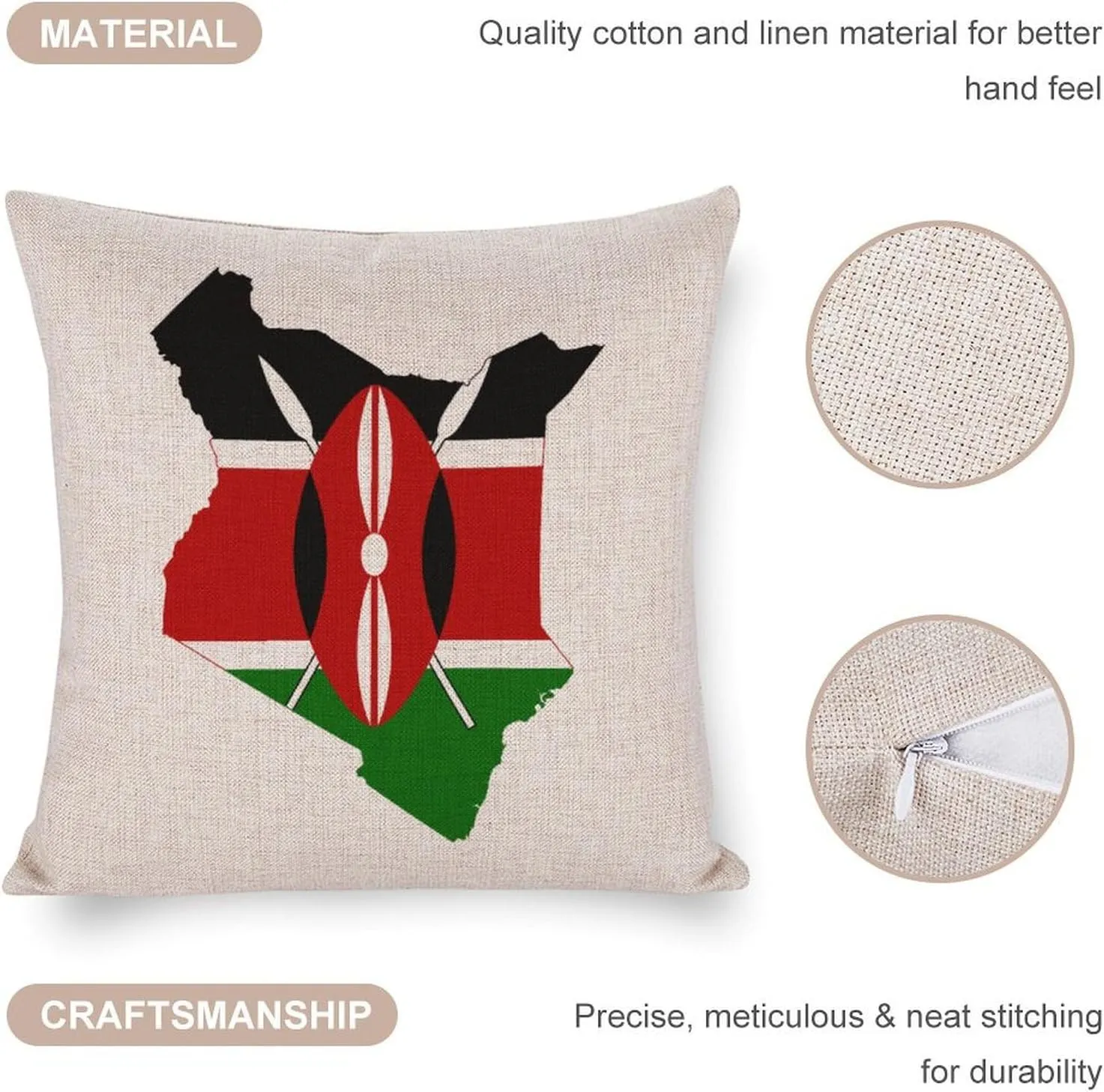 Flag Map of Kenya Cotton and Linen Pillow Case Pattern Print Pillow Cover Zippered Cushion Covers for Sofa Bed 16"x16"