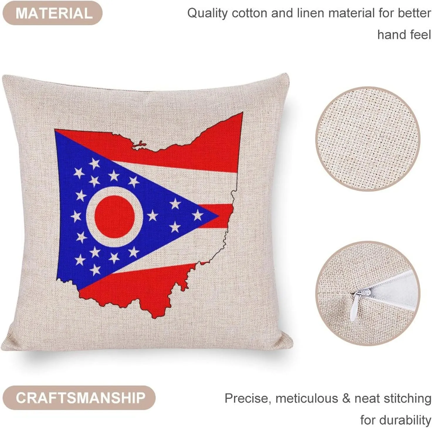 Flag Map of Ohio Cotton and Linen Pillow Case Pattern Print Pillow Cover Zippered Cushion Covers for Sofa Bed 18"x18"