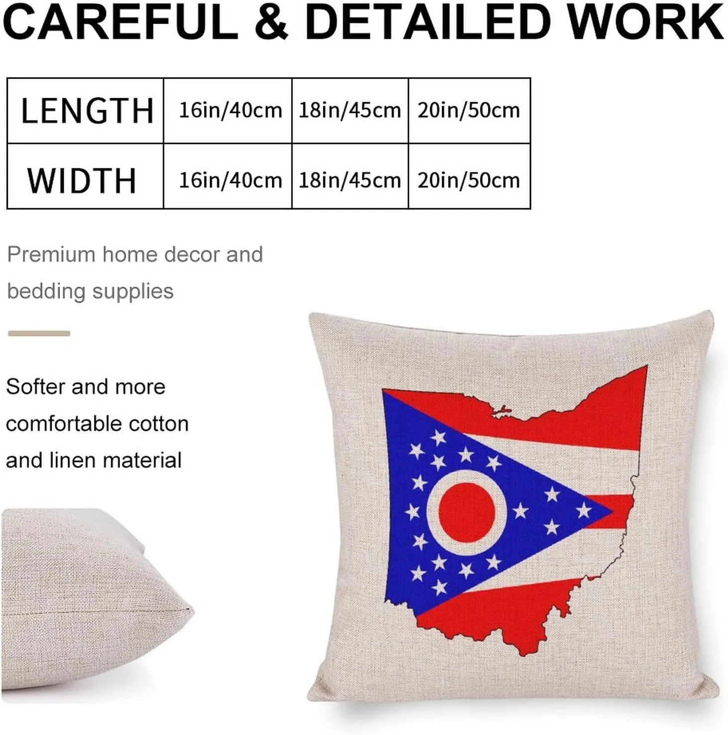 Flag Map of Ohio Cotton and Linen Pillow Case Pattern Print Pillow Cover Zippered Cushion Covers for Sofa Bed 18"x18"